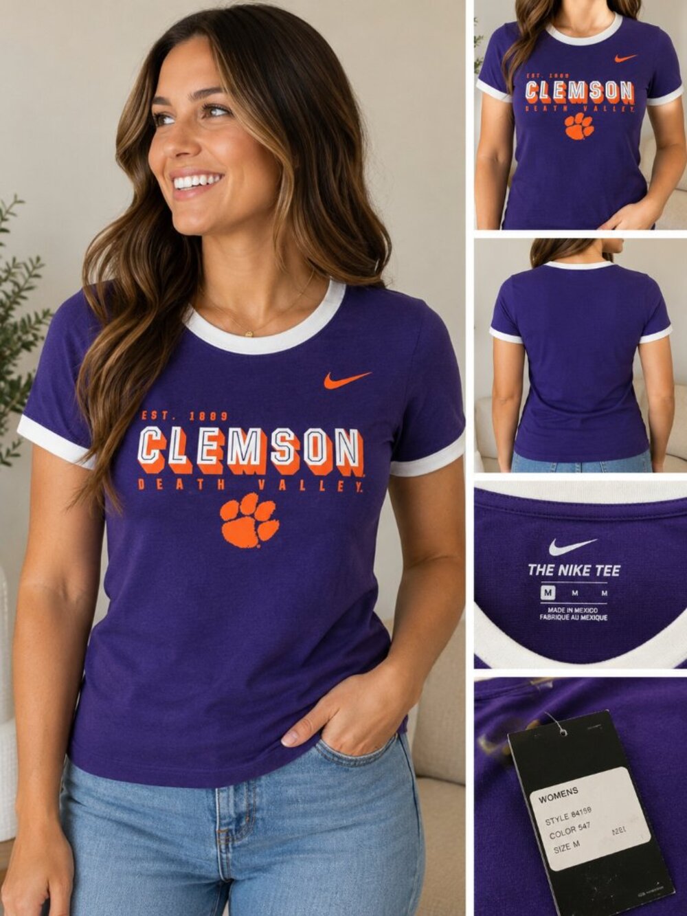 Nike Clemson Tigers Death Valley Ringer T-Shirt Women's Medium Purple NWT NCAA